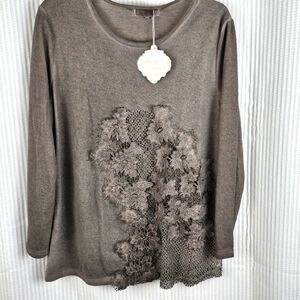 SIMPLY COUTURE NWT Coffee Color Floral Long Sleeve Lace Tunic Large